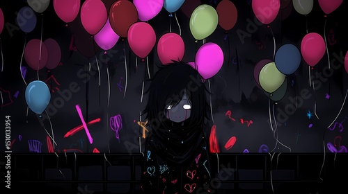 Anime illustration of solitary figure amidst deflated balloons, shrouded face, sadness.