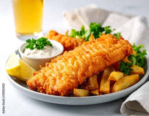 Crispy fish and chips with a side of sauce