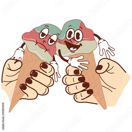 icon of happy and sad anthropomorphic ice cream in waffle cones held by two hands, retro, vintage style