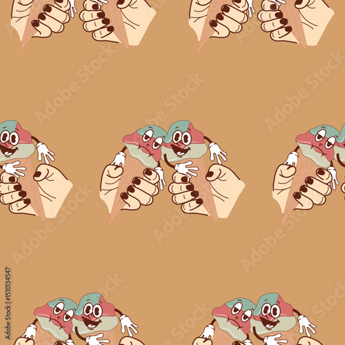 pattern with icons of happy and sad anthropomorphic ice cream in waffle cones held by two hands on a brown background, retro, vintage style
