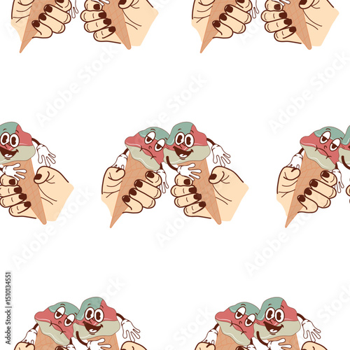 pattern with icons of happy and sad anthropomorphic ice cream in waffle cones held by two hands, retro, vintage style