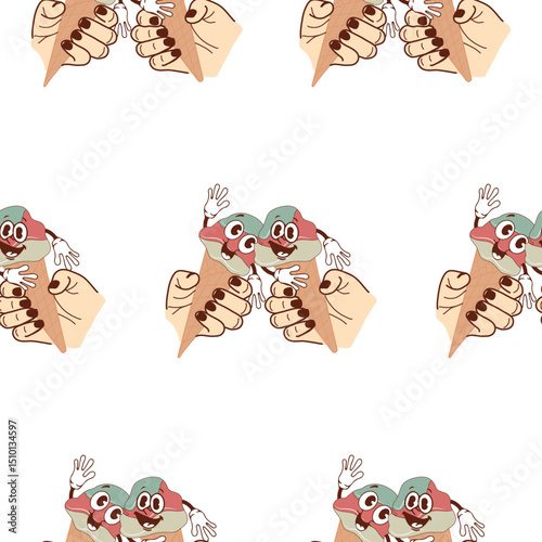 pattern with icons of happy and smiling anthropomorphic ice cream in waffle cones held by two hands, retro, vintage style