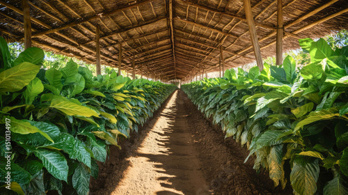 Tobacco plants grow under shelter in a well-maintained agricultural field during daylight hours