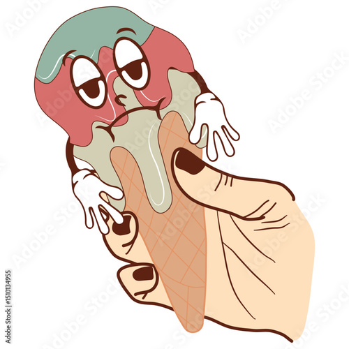 icon of a sad anthropomorphic ice cream in a waffle cone dripping down his hand, retro, vintage style