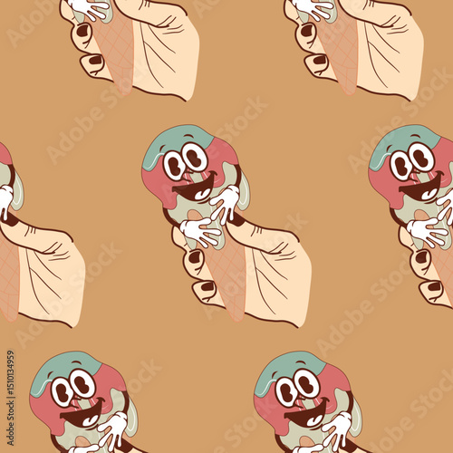 pattern with icons of a smiling anthropomorphic ice cream in a waffle cone flowing down a hand on a brown background, retro, vintage style