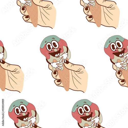 pattern with icons of a smiling anthropomorphic ice cream in a waffle cone flowing down a hand, retro, vintage style