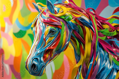 Colorful ribbon horse close-up with artistic details