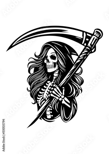 Female Grim Reaper Skeleton black white vector line art