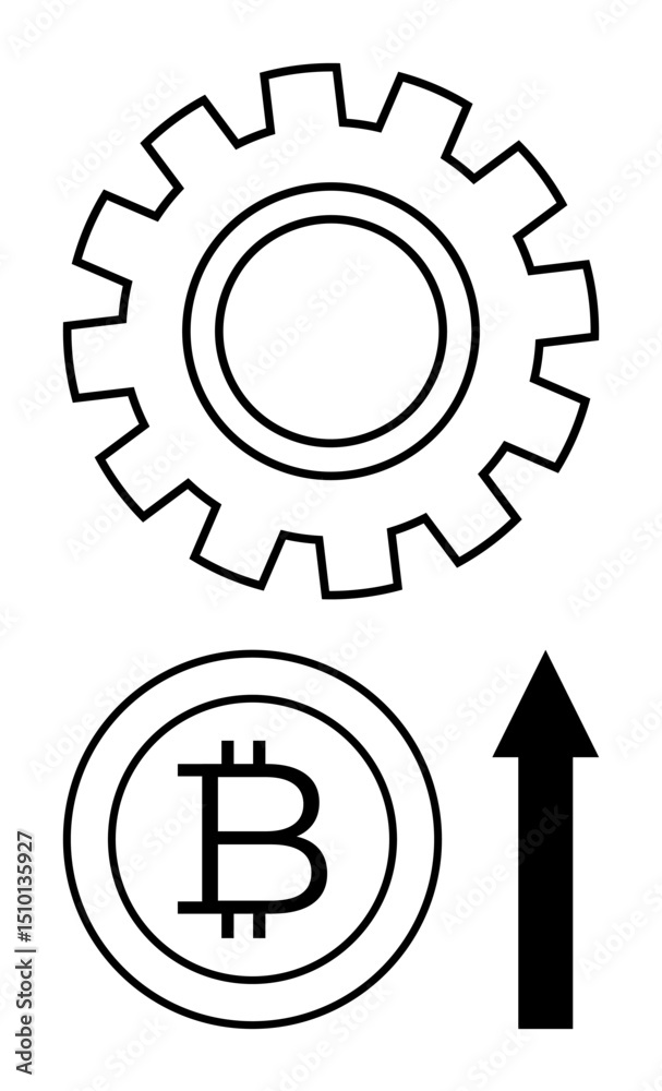 Outline gear above Bitcoin coin and upward arrow denoting growth, innovation, blockchain, and automation. Ideal for finance, technology, cryptocurrency, investment, progress business flat simple Outline gear above Bitcoin coin and upward arrow denoting growth, innovation, blockchain, and automation. Ideal for finance, technology, cryptocurrency, investment, progress business flat simple