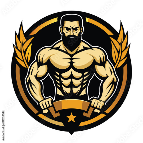 Bodybuilding emblem with muscular figure and gym logo design featuring strong man holding barbell in circular badge with laurel leaves