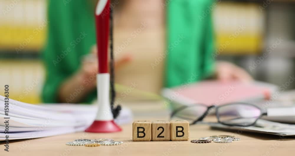 Businesswoman reviews documents related to current B2B marketing campaign. Wooden cubes spelling out B2B symbolize marketing focus of company