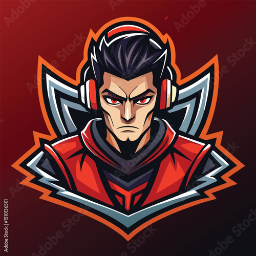 Gamer e sport mascot logo design featuring a fierce character with headphones and a red outfit, perfect for competitive gaming teams and streamers
