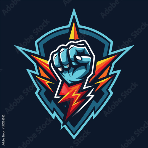 Dynamic lightning hand logo design for esports team showcasing strength and energy in bold colors and sharp elements