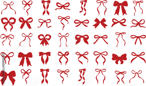 Bow ribbon pattern seamless. Vector print with white and red Christmas background. Cute crayon bows. Simple charcoal small trendy ribbon for Birthday, Christmas, Halloween. Basic doodle knot pattern	