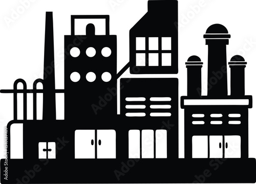 Mining facility silhouette, Oil pump industry equipment factory silhouette vector illustration