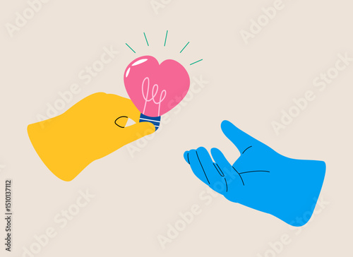 Hand gives to someone lamp with heart inside of it. Colorful vector illustration