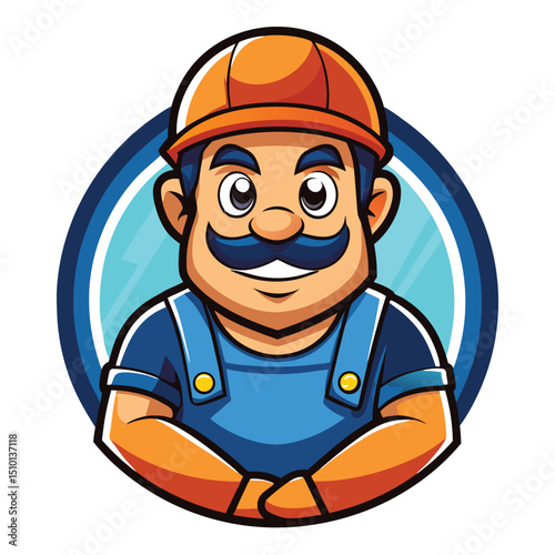 Builder cartoon mascot logo design for construction companies, showcasing a friendly figure in overalls with a hard hat highlighting industrious spirit