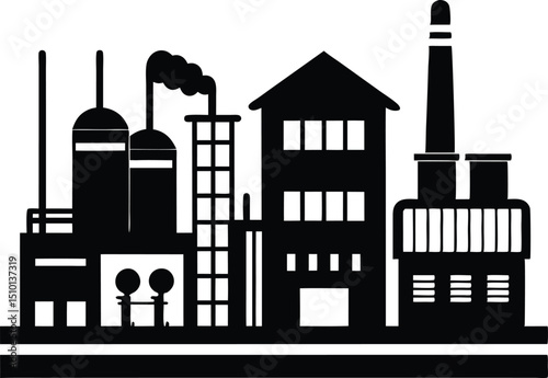 Mining facility silhouette, Oil pump industry equipment factory silhouette vector illustration