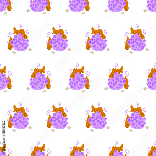 Cartoon Coral Reef Fish Pattern — orange fish swim above purple coral shapes with bubbles on white background, seamless flat cartoon design for underwater summer themes.