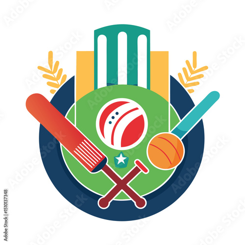 Cricket tournament emblem featuring a ball, bat, and wicket showcasing the spirit of competition and teamwork in a dynamic sport with vibrant colors