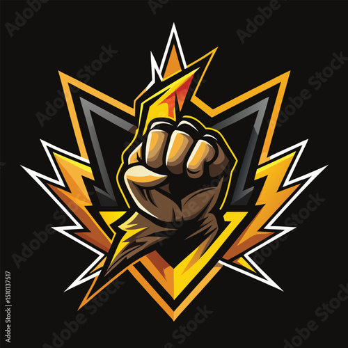 Dynamic lightning hand logo design for esports, featuring bold colors and striking imagery, perfect for competitive gaming teams seeking impact