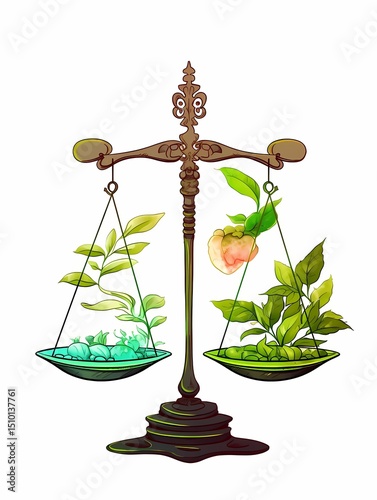 Balanced scale with lush green plants symbolizing harmony.