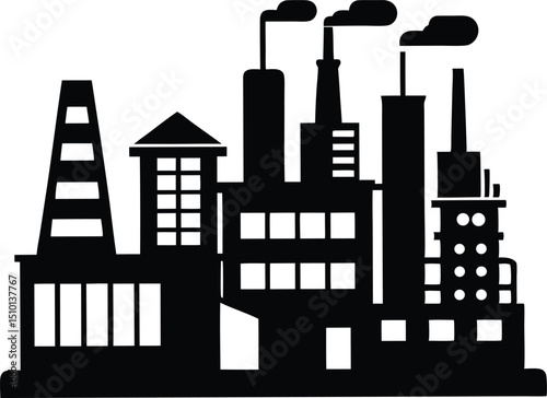 Mining facility silhouette, Oil pump industry equipment factory silhouette vector illustration