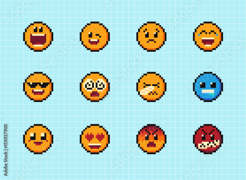 Pixels Y2k funny playful emoticon stickers. Love, kiss, melting smile. 8-bit retro style vector illustration for social media. Set of emoticons pixel art. Emoji pixelated icons. Various faces
