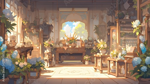 Charming flower shop with warm inviting atmosphere, filled with potted plants, with soft serene ambiance.
