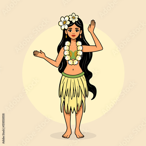 Polynesian Woman in Traditional Hula Dress,  Vector Illustration