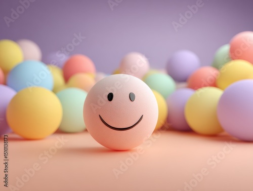 Colorful smiley face surrounded by pastel balls in a cheerful setting