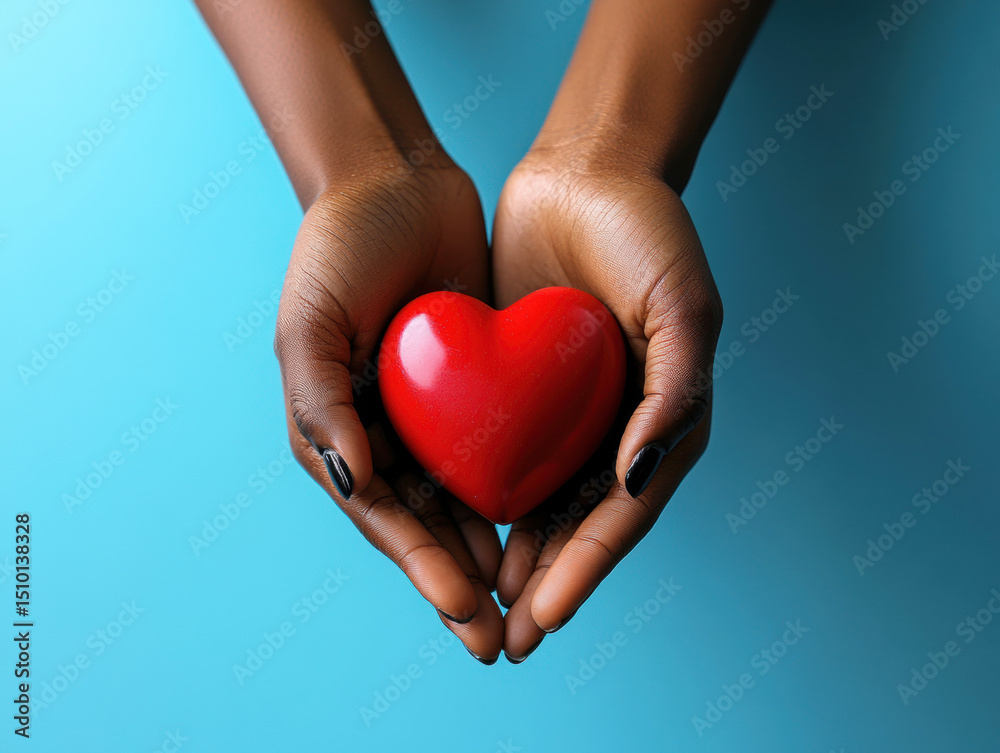 Obraz premium Hands holding a red heart against a blue background showing care and love