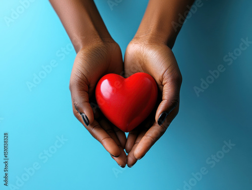 Hands holding a red heart against a blue background showing care and love