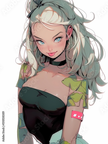 Playful female anime character, long wavy hair, striking blue eyes, strapless top, choker, green turquoise pattern.