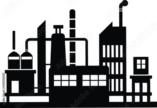 Mining facility silhouette, Oil pump industry equipment factory silhouette vector illustration