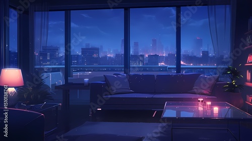 Serene modern living room interior illustration with cityscape view