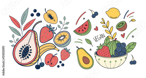 Colorful fruits,  berries vegetarian. Trendy abstract minimal style. Natural tropical fruits. Fig, cherry, apple, peach, lemon, banana, avocado, pomegranate, pineapple, melon. Vector illustration.