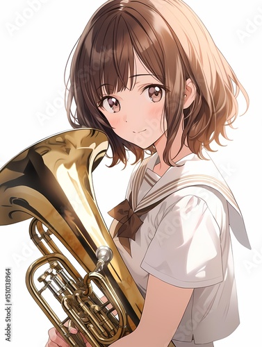 A cheerful anime-style girl with a golden trombone and bow tie smiles directly at the viewer, exuding joy and positivity.