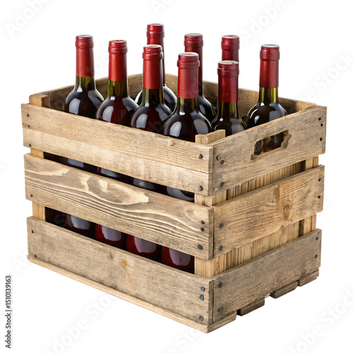 Wooden crate of red wine, isolated PNG transparent background