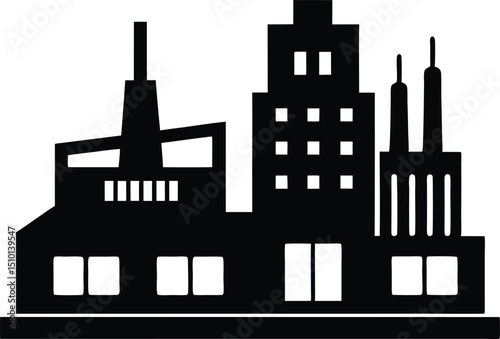 Mining facility silhouette, Oil pump industry equipment factory silhouette vector illustration