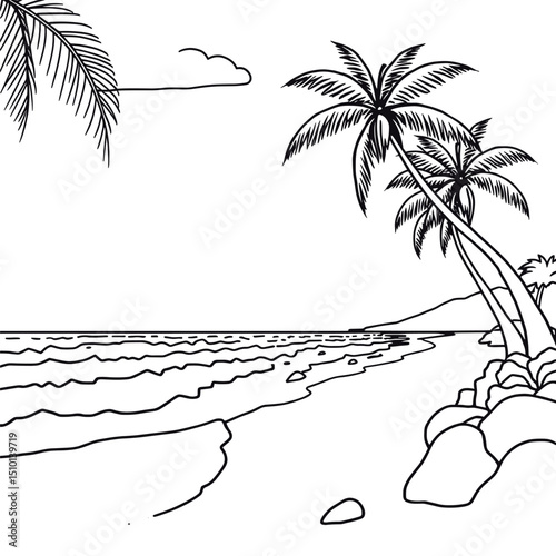 Tropical Beach Scene: Line Art Illustration