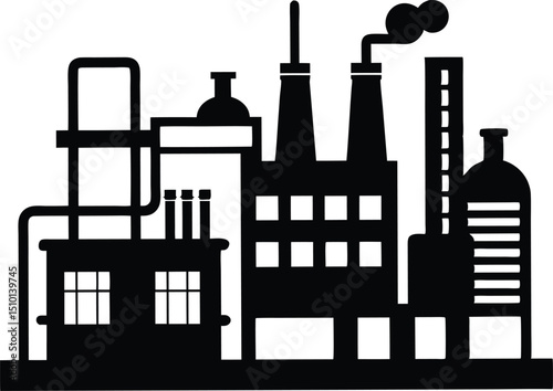 Mining facility silhouette, Oil pump industry equipment factory silhouette vector illustration