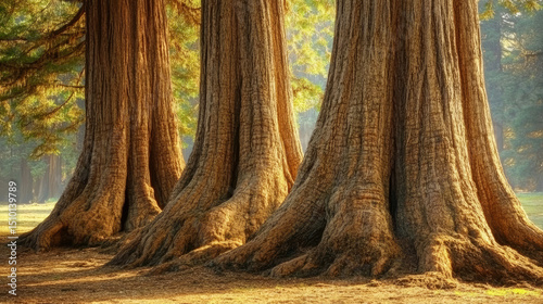 Majestic towering trees with thick trunks in a sunlit forest during golden hour