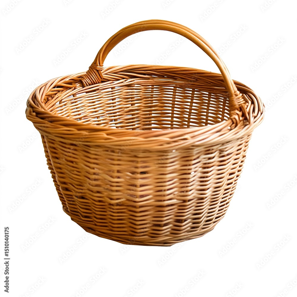 Obraz premium Empty wicker basket with handle isolated on white