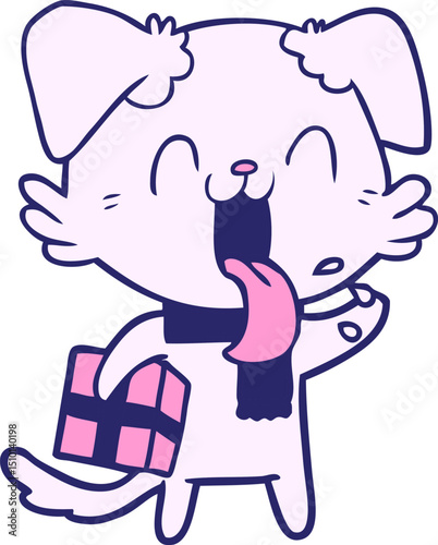 cartoon panting dog with present