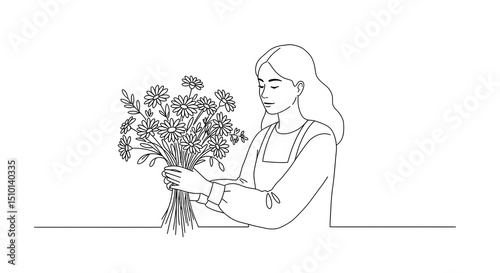 Line Drawing Woman Holding Bouquet of Flowers in Apron Elegant Minimalist Style
