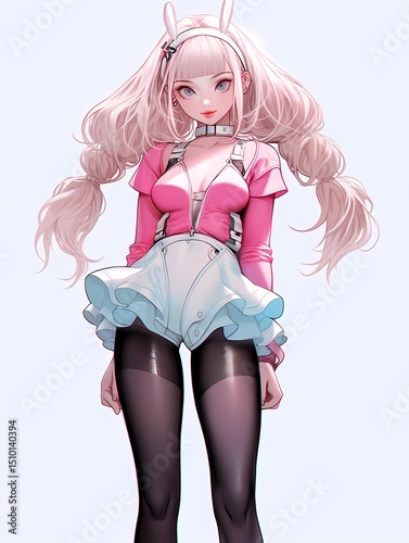 Stylized anime character, twin-tailed hair, animal ears, vibrant outfit, dynamic pose, blue eyes.