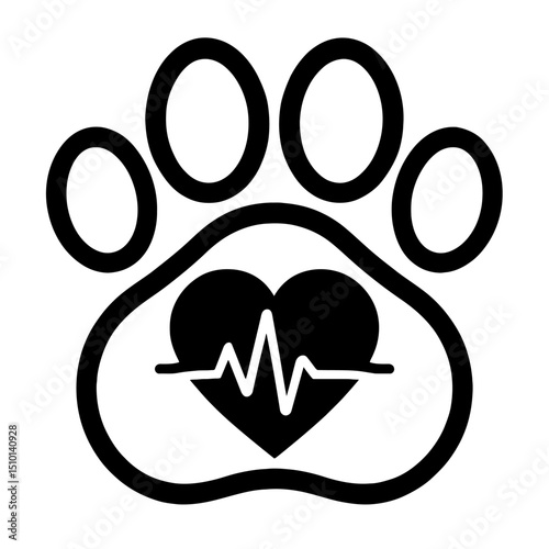 Outline Icon of a Paw Print with Heartbeat - Symbolizing Pet Care, Veterinary, and Animal Health