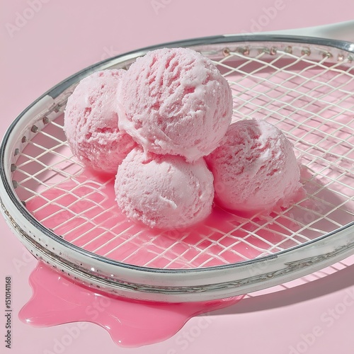 Top Down View of Melting Pink Ice Cream Scoops on Tennis Racket with Pink Background Creative Food Still Life Photography