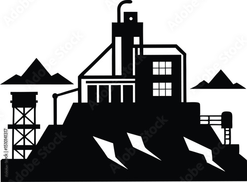 Mining facility silhouette, Oil pump industry equipment factory silhouette vector illustration